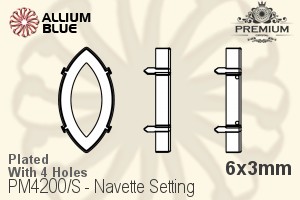PREMIUM Navette 石座, (PM4200/S), 縫い穴付き, 6x3mm, メッキあり 真鍮