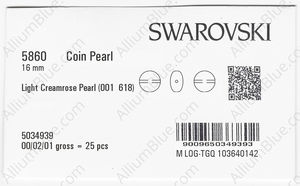 SWAROVSKI 5860 16MM CRYSTAL CREAMROSE LT. PEARL factory pack