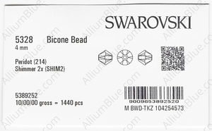 SWAROVSKI 5328 4MM PERIDOT SHIMMER2 factory pack